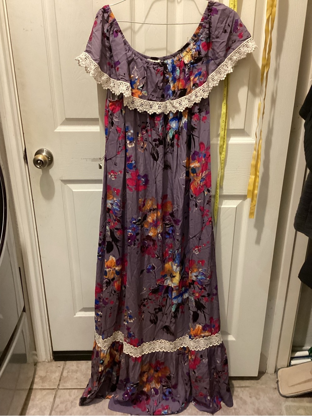 Umgee Purple Floral Off-Shoulder Maxi Dress with Cream Lace